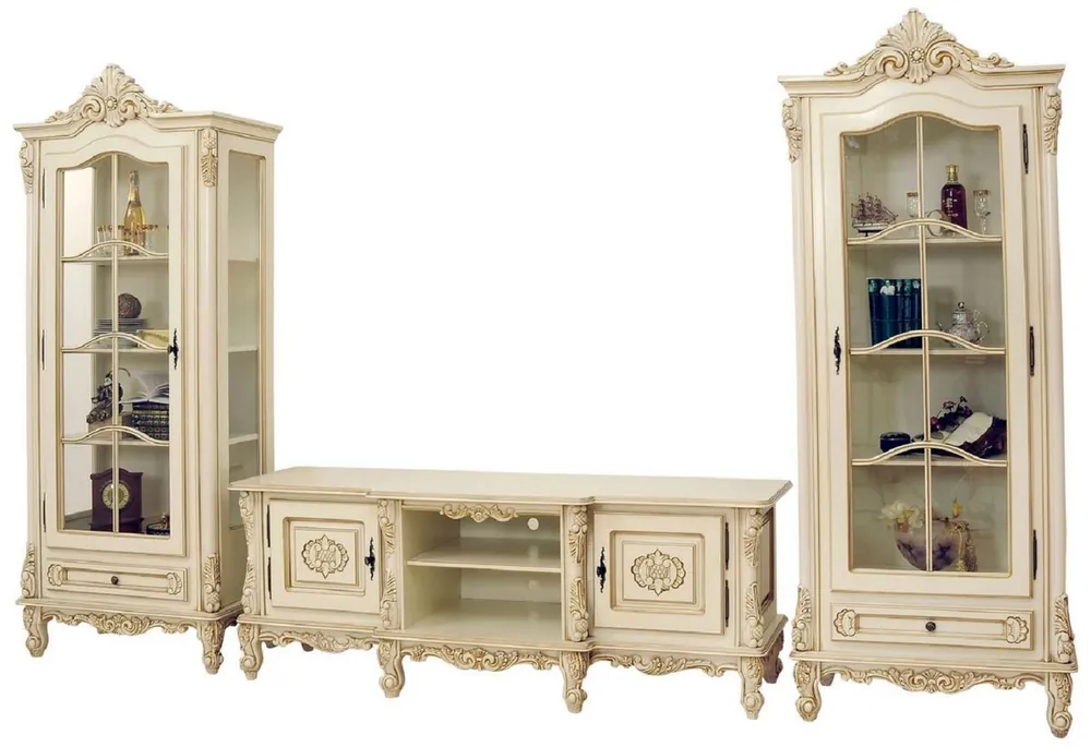 Casa Padrino conjunto de salón barroco de lujo crema / beige - 1 Gabinete de TV Barroco y 2 Vitrinas Barrocos - Muebles de salón de lujo en estilo barroco - Muebles barrocos - Noble y magnífico Neuheit