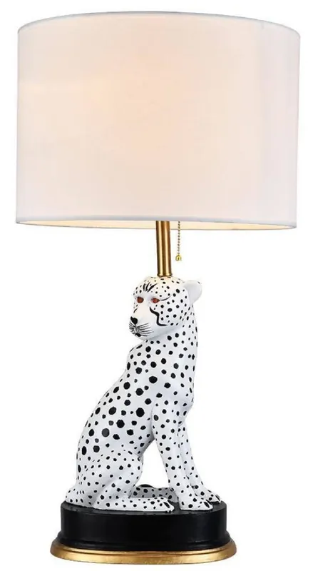 Saisonangebot Casa Padrino lámpara de mesa de cerámica de lujo puma gato blanco / negro / oro Ø 38 x A. 72 cm - Lámpara de escritorio de cerámica con pantalla redonda - Luces de cerámica de lujo