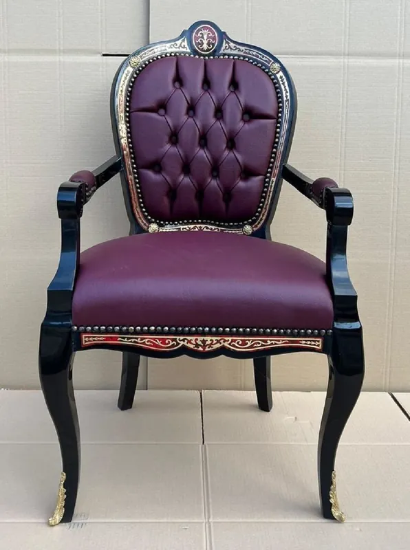 Ausverkauf Casa Padrino silla de comedor boulle barroco con reposabrazos púrpura / negro / rojo / oro - Magnífica silla de escritorio con cuero artificial - Muebles de comedor barroco - Muebles Barrocos