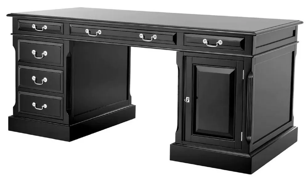 Preiswert Casa Padrino escritorio de estilo campestre de lujo negro / plata 170 x 80 x A. 78 cm - Mesa de oficina de madera maciza - Muebles oficina estilo campestre - Muebles de oficina de lujo