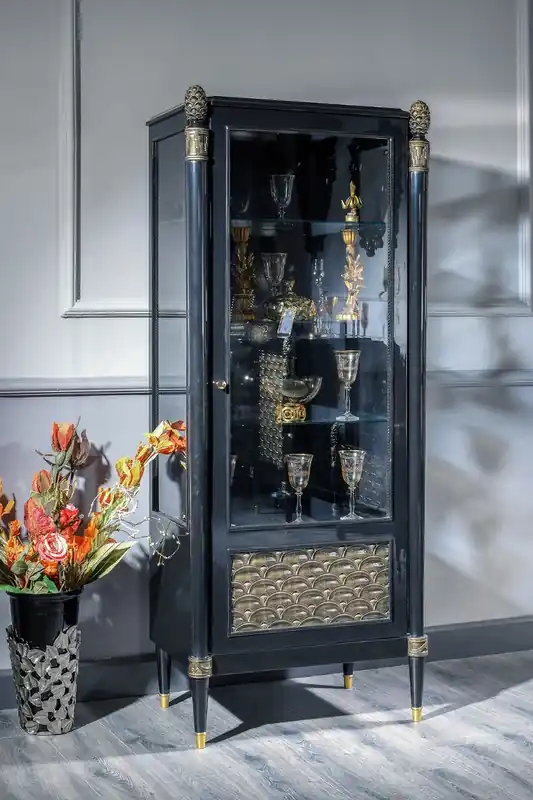 Preisknaller Casa Padrino vitrina barroco de lujo negro / oro - Magnífica vitrina de madera maciza con puerta de vidrio - Muebles de lujo en estilo barroco - Muebles barrocos - Noble y magnífico