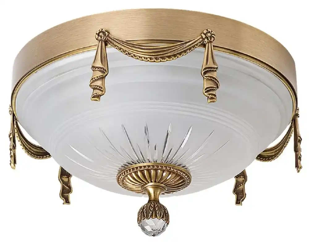 Sonderaktion Casa Padrino lámpara de techo de cristal barroco de lujo latón patinado / blanco Ø 30 x A. 20 cm - Lámpara de techo redonda de salón de estilo barroco - Luces barrocos - Muebles barrocos