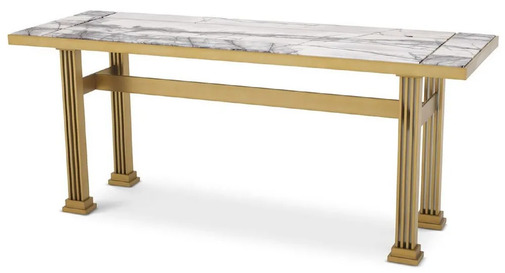Direkt Vom Hersteller Casa Padrino consola de lujo latón / blanco 180 x 60 x A. 75,5 cm - Mesa consola rectangular de acero inoxidable con tapas de mármol - Muebles de salón - Muebles de lujo - Interiores de lujo