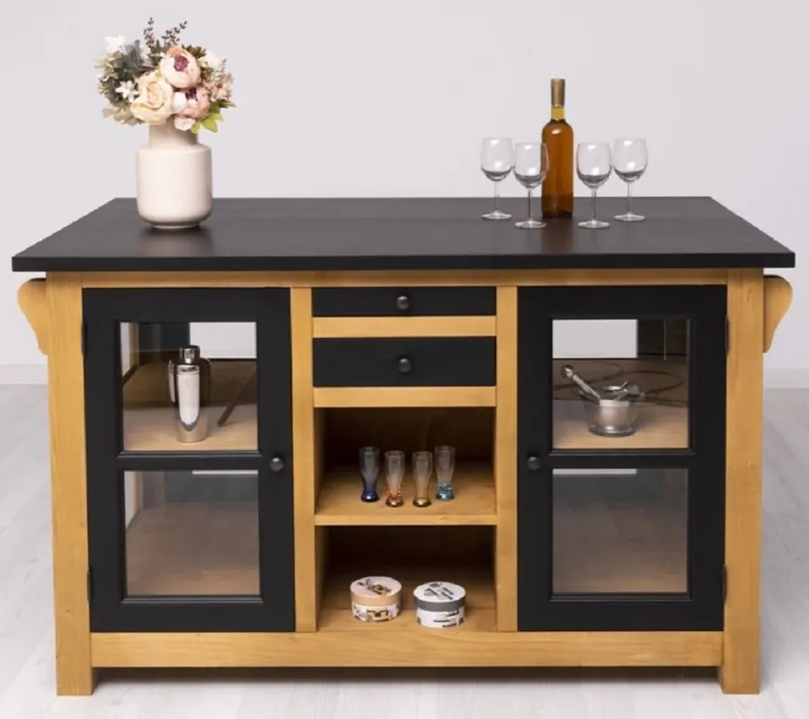 Casa Padrino isla de cocina de estilo campestre negro / natural 150 x 90 x A. 90 cm - Gabinete de cocina de madera maciza - Mueble de comedor de madera maciza estilo campestre Sonderangebot