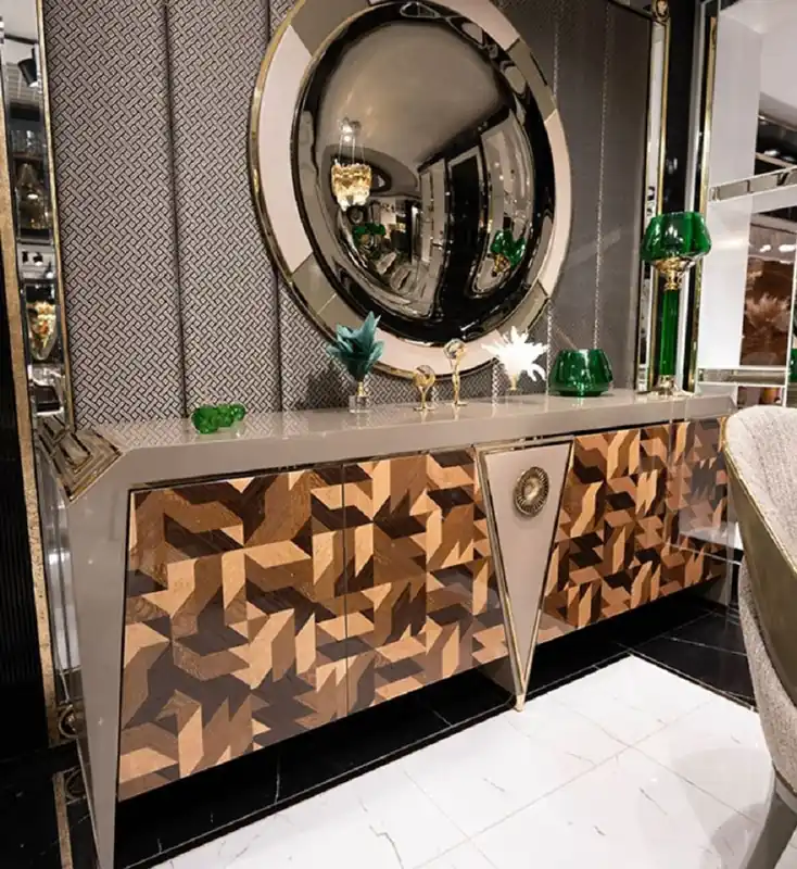 Casa Padrino conjunto de muebles de lujo gris / marrón / oro - 1 Aparador de Lujo con 4 Puertas y 1 Espejo de Lujo Redondo - Muebles de lujo - Colección de lujo Markenprodukt
