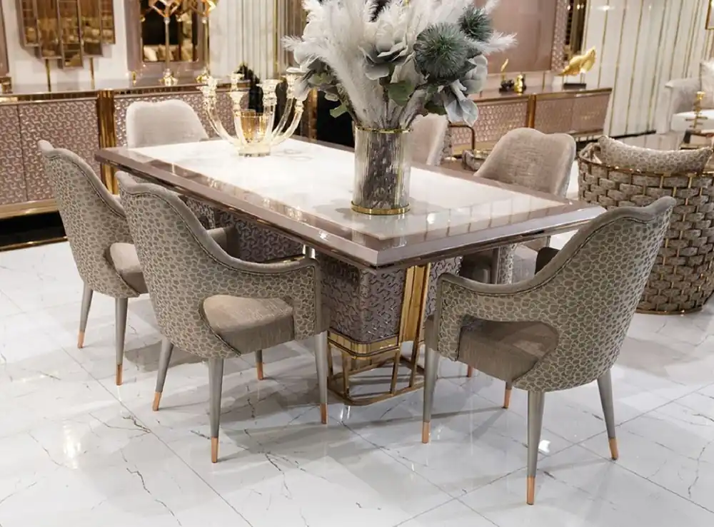 Casa Padrino conjunto de comedor de lujo blanco / gris / oro - 1 Mesa de Comedor de Lujo y 6 Sillas de Comedor de Lujo - Muebles de comedor de lujo Sichere Zahlung