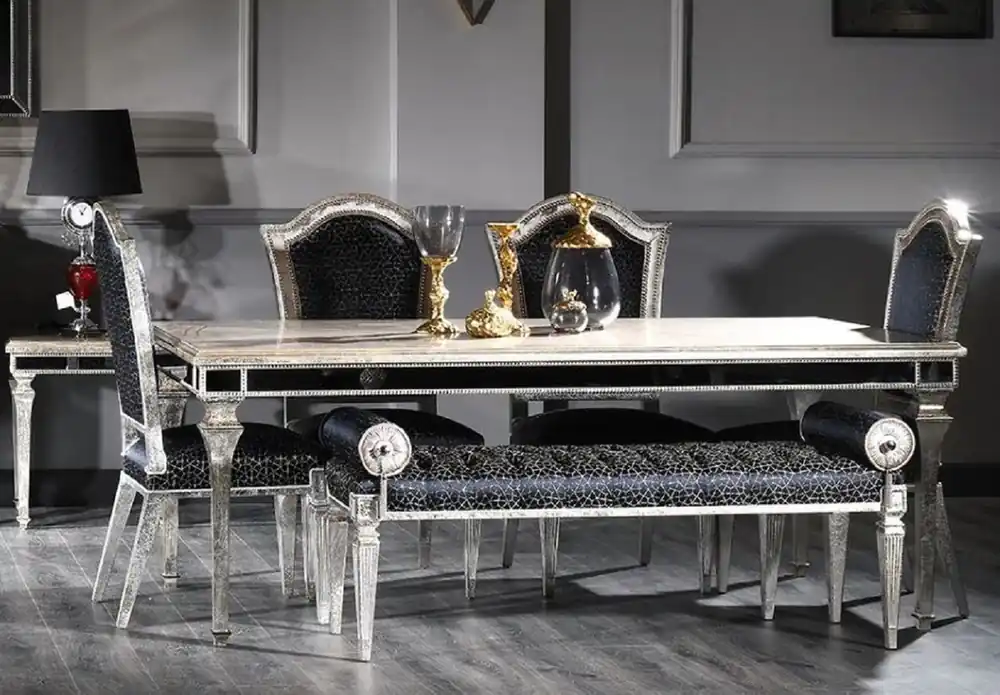 Super-Preis Casa Padrino conjunto de comedor barroco de lujo negro / plata antigua - 1 Mesa de comedor barroco y 4 Sillas de comedor barrocos y 1 Banco barroco - Muebles de comedor de lujo en estilo barroco