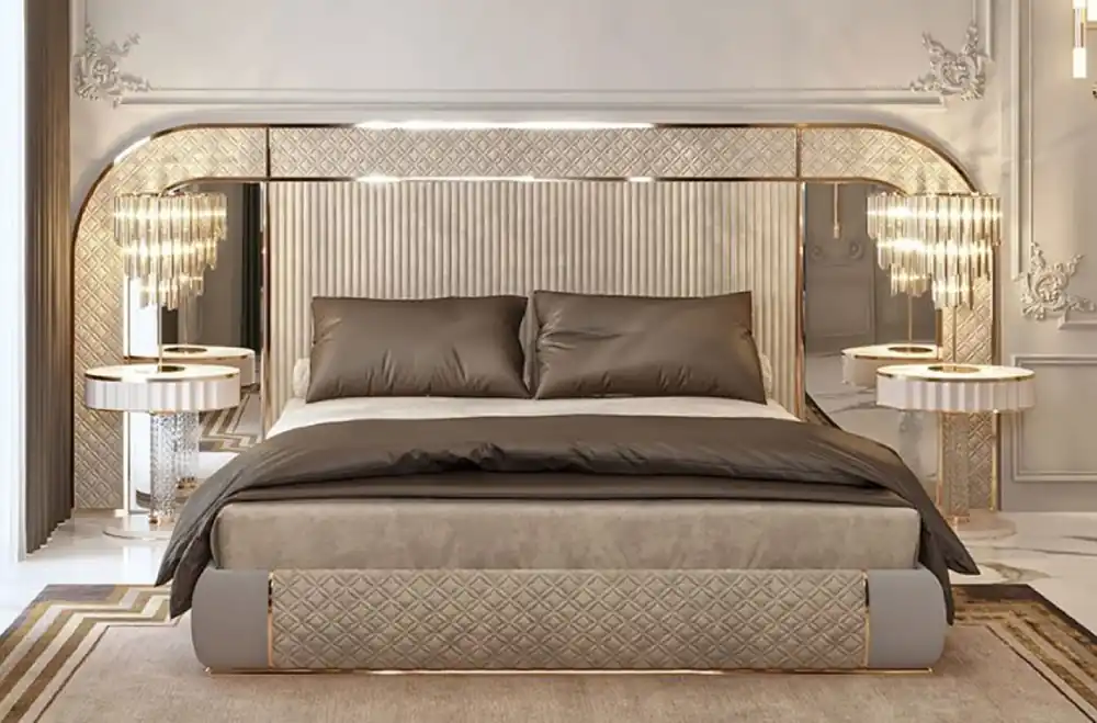 Casa Padrino cama doble Art Deco de lujo gris / oro 350 x 209,5 x A. 140 cm - Cama noble de madera maciza con cabecero de espejo - Muebles de dormitorio - Muebles Art Deco de lujo Neu