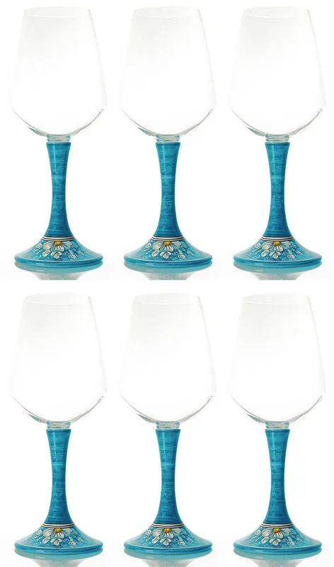 Casa Padrino conjunto de 6 copas de vino de lujo azul claro / multicolor A. 23,5 cm - Copas de vino hechas y pintadas a mano - Accesorios hoteles y restaurantes - Calidad de lujo - Hecho en Italia Geprüft