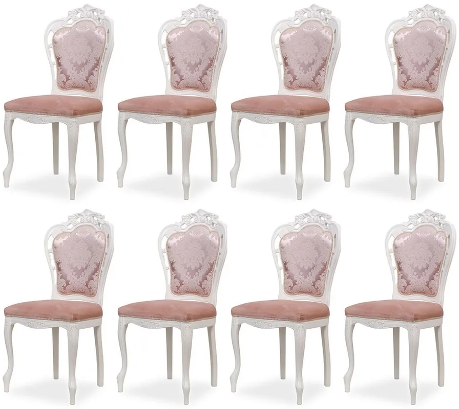Bestseller Casa Padrino conjunto de 8 sillas de comedor barrocos de lujo con patrón elegante rosa / blanco - Sillas de cocina barroco - Magníficos muebles de comedor de lujo estilo barroco