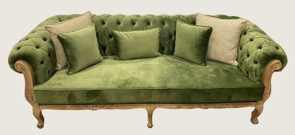 Nur Heute Casa Padrino sofá barroco Chesterfield de lujo de terciopelo verde / natural - Magnífico sofá de salón - Muebles de salón estilo barroco - Muebles de lujo estilo barroco - Muebles barrocos