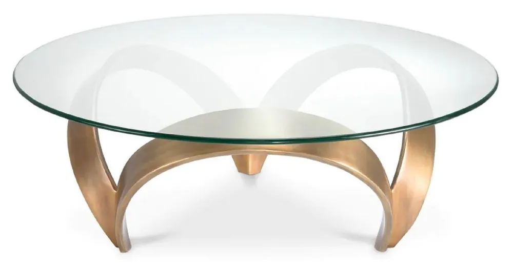 Sale Casa Padrino mesa de centro de lujo latón vintage Ø 110 x A. 36,5 cm - Mesa de salón redonda de aluminio con tapa de vidrio - Muebles de salón - Muebles de hotel - Muebles de lujo