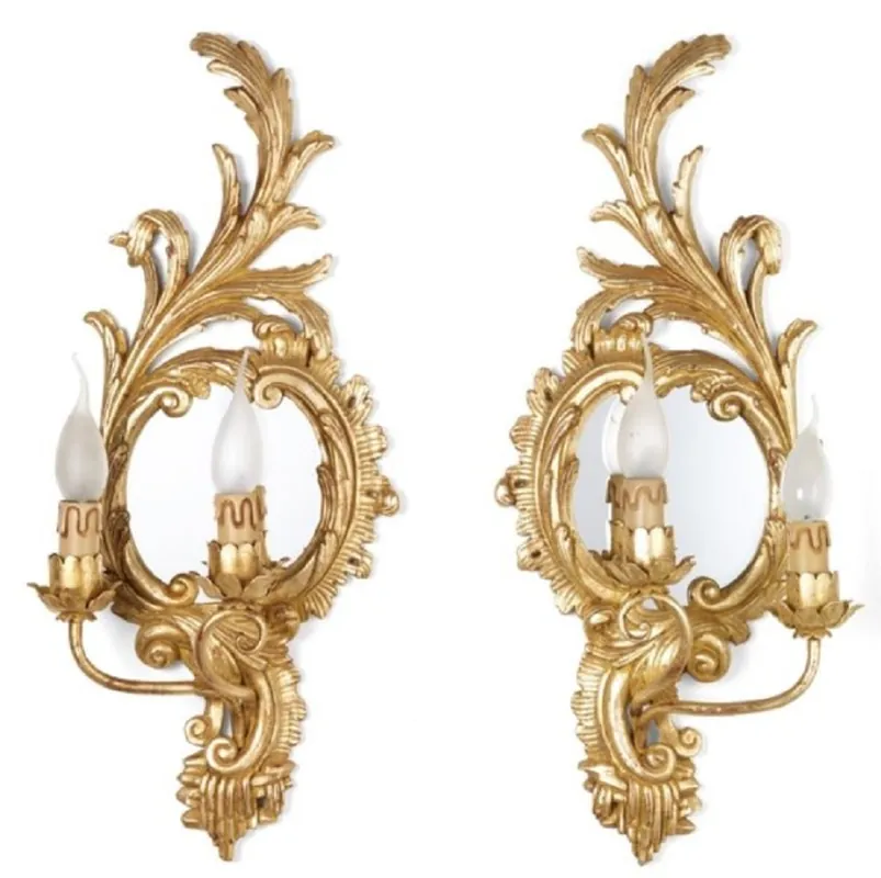 Schneller Versand Casa Padrino conjunto de lámparas de pared dobles barrocos de lujo oro antiguo 27 x 15 x A. 59 cm - Magníficos apliques de estilo barroco con pequeño espejo - Calidad de Lujo - Hecho en Italia
