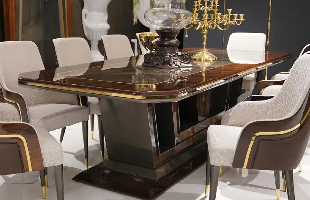 Geprüft Casa Padrino mesa de comedor de lujo gris / marrón / oro 350 x 112 x A. 70 cm - Mesa de cocina rectangular de madera maciza - Muebles de comedor - Muebles de lujo - Colección de Lujo
