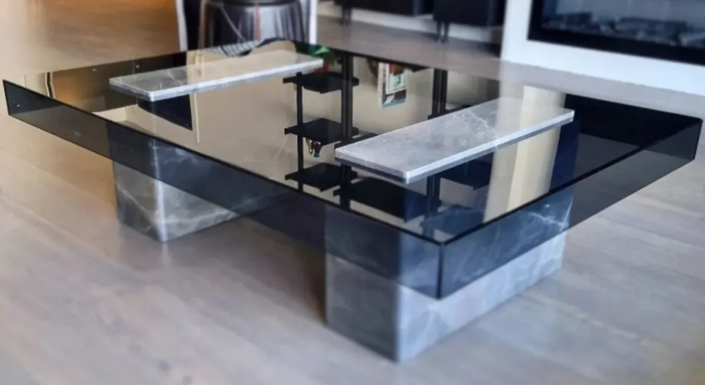 Super-Preis Casa Padrino Mesa de Centro de Mármol de Lujo con Tapa de Vidrio Gris / Negro 140 cm
