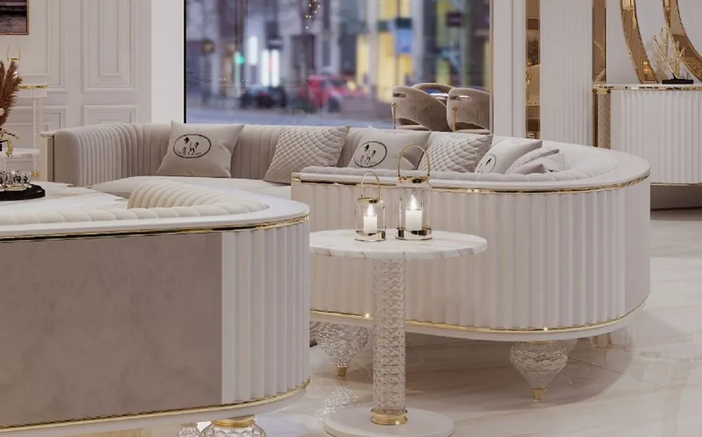 Casa Padrino sofá de 4 plazas Art Deco de lujo gris / blanco / oro 400 cm Echt