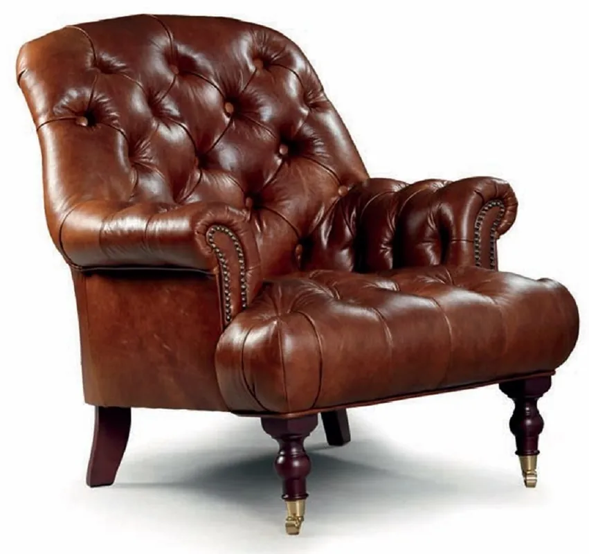 Casa Padrino sillón Chesterfield de lujo de cuero genuino marrón / latón A. 89 cm Schneller Versand