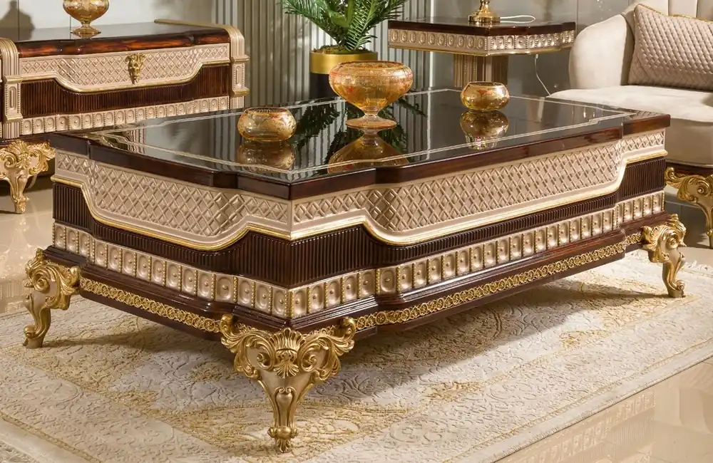 Neue Kollektion Casa Padrino mesa de centro barroco de lujo marrón oscuro / gris / oro 156 cm - Muebles barrocos