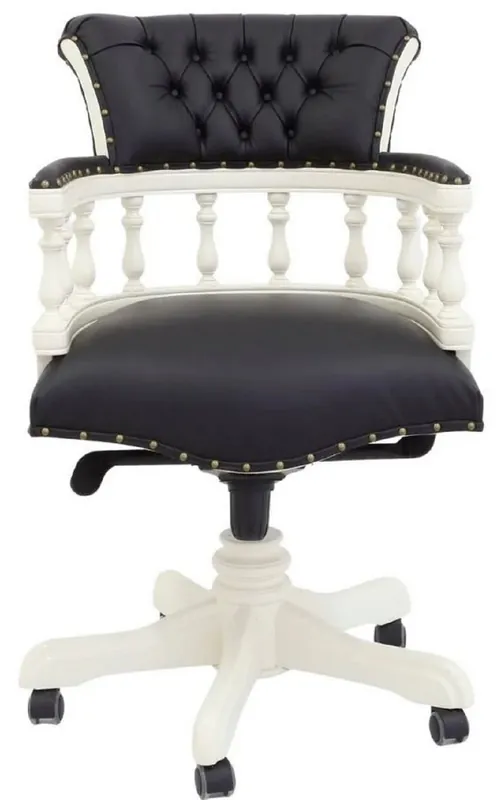 Casa Padrino silla de escritorio barroco de lujo Chesterfield de cuero genuino negro / blanco A. 107 cm - Muebles de oficina barrocos Markenware