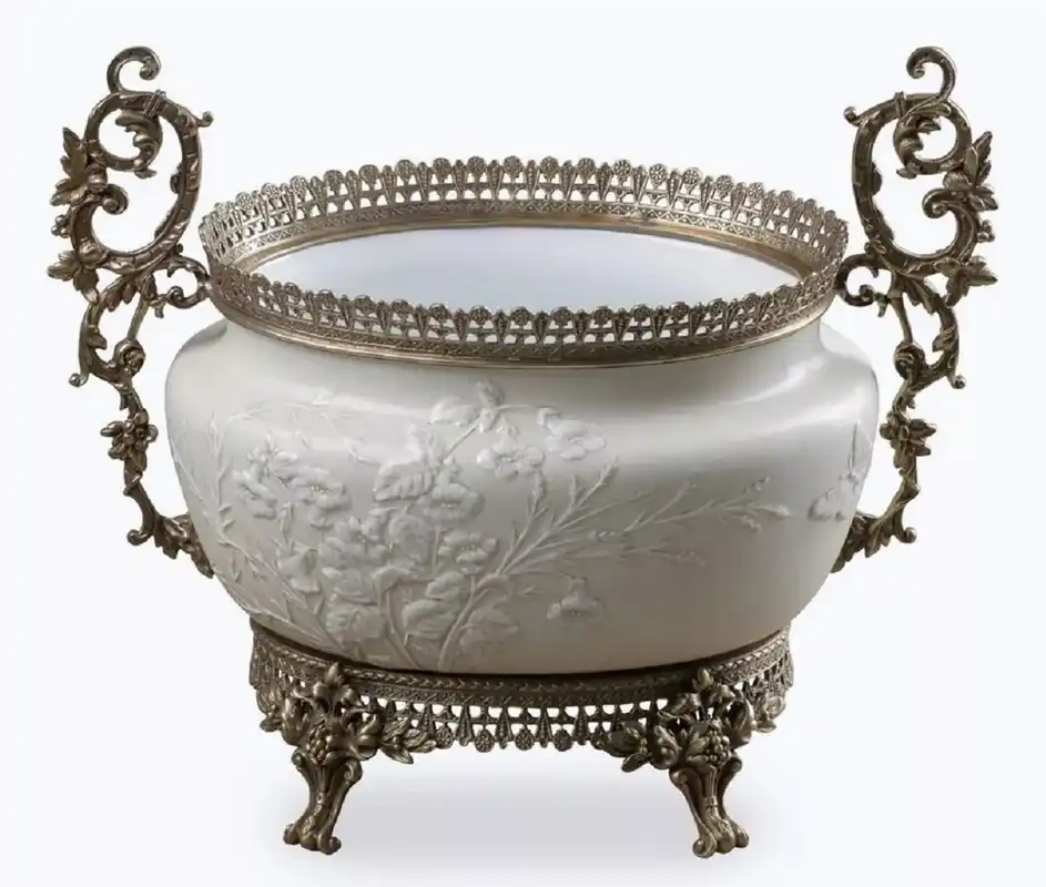 Casa Padrino cuenco de porcelana barroco gris / blanco / bronce A. 34 cm - Accesorios decorativos barrocos Bestseller