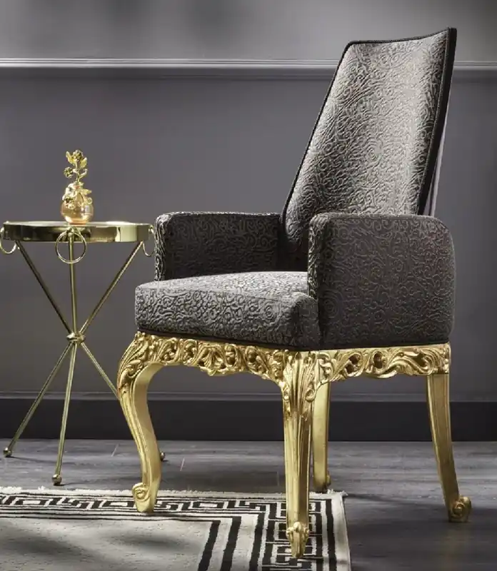 Markenprodukt Casa Padrino silla de comedor barroco de lujo con reposabrazos gris / marrón oscuro / oro A. 116 cm - Muebles barrocos