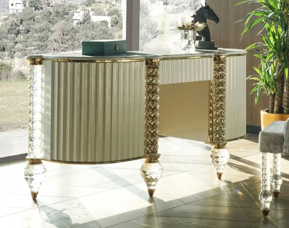Echt Casa Padrino tocador Art Deco de lujo blanco / oro 188 cm - Muebles de Dormitorio Art Deco de Lujo