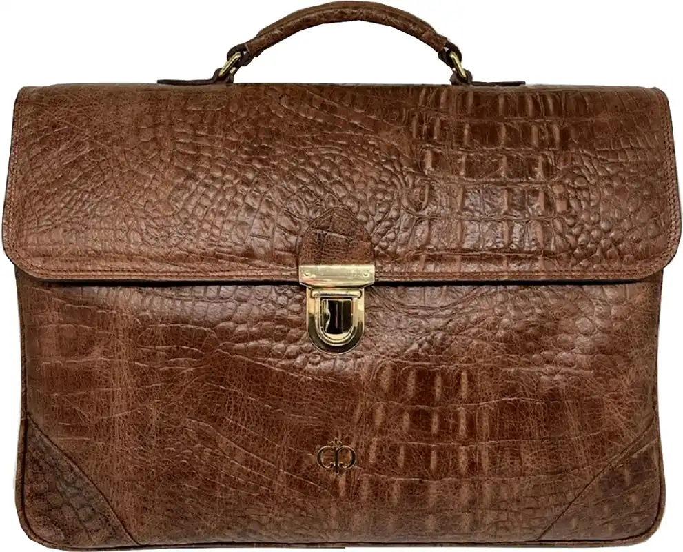 Casa Padrino maletín de lujo para hombre de cuero genuino con aspecto de cocodrilo marrón / oro 42 cm - Hecho en Italia Bestseller