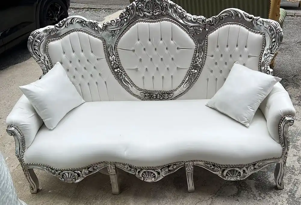 Heißes Angebot Casa Padrino sofá barroco de cuero artificial blanco / plata 180 cm - Muebles de salón barrocos