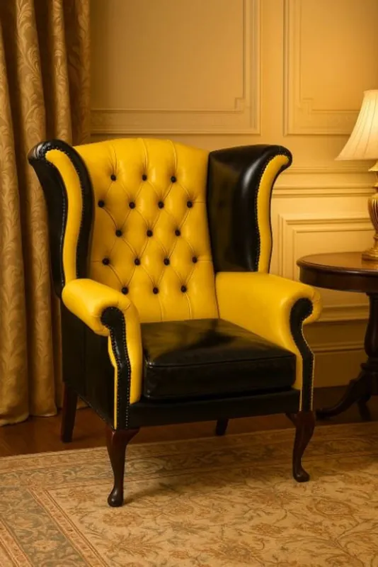 Günstig Casa Padrino sillón orejero Chesterfield de cuero de lujo amarillo / negro / marrón A. 110 cm