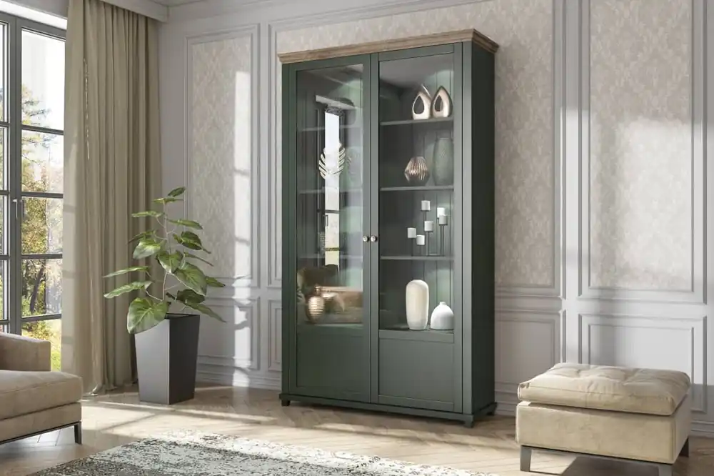Vitrine Evora 126 cm Flasche grün / Eiche lefkas werden die Liebhaber von ausdrucksstarken Interieur ideal für das Wohnzimmer und Esszimmer begeistern Direkt Vom Hersteller
