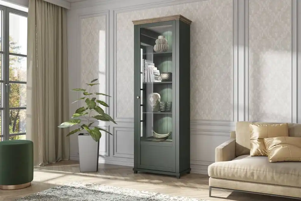 Neu Vitrine Evora 71 cm Flasche grün / Eiche lefkas rechts werden die Liebhaber von ausdrucksstarken Interieur ideal für das Wohnzimmer und Esszimmer begeistern