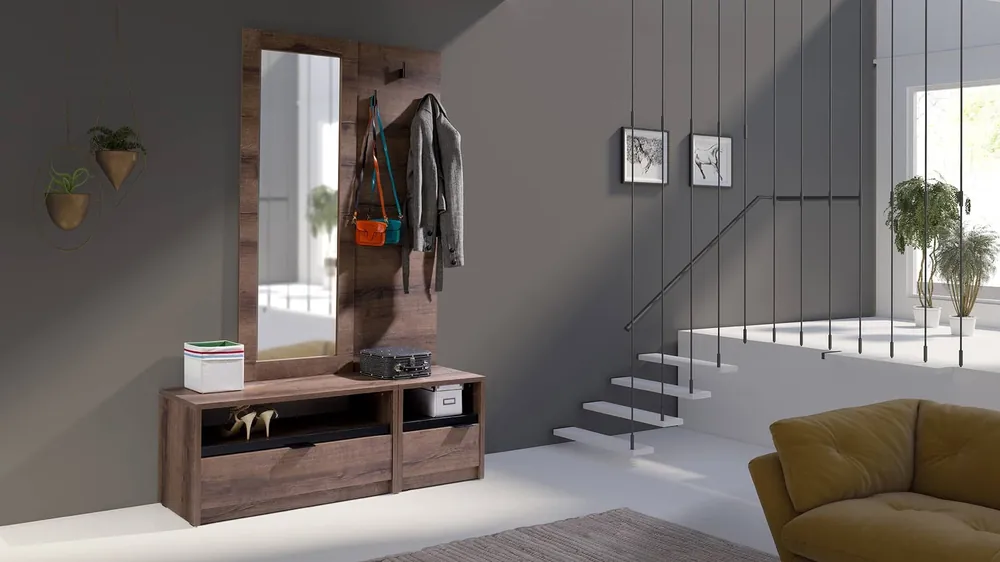 Garderobe Denver 137 cm Eiche monastery / schwarz glänzend klassisches Design in moderner Ausführung Garderobe für einen kleinen Flur Rabatt