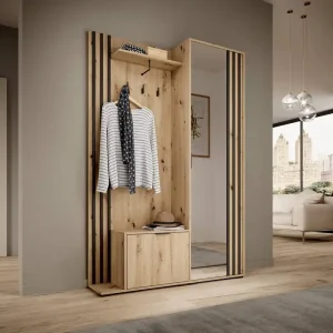 Garderobe Aspen 131 cm Eiche handwerkliche Garderobe mit dekorativen schwarzen Lamellen funktionelle und praktische Flurgarderobe Finale Aktion