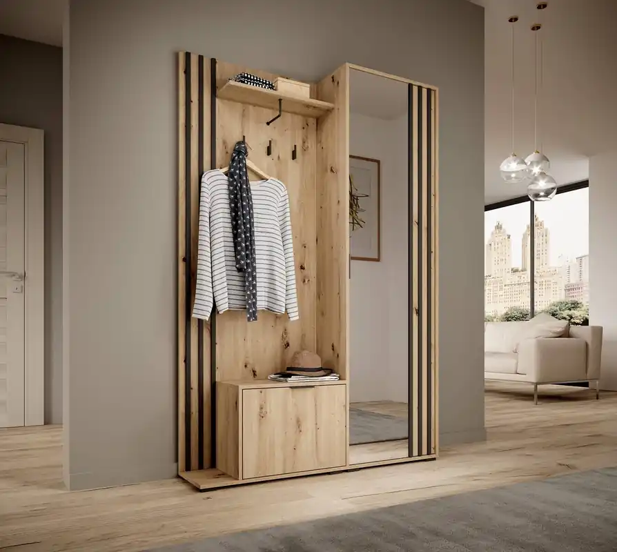 Garderobe Aspen 131 cm Eiche handwerkliche Garderobe mit dekorativen schwarzen Lamellen funktionelle und praktische Flurgarderobe Finale Aktion