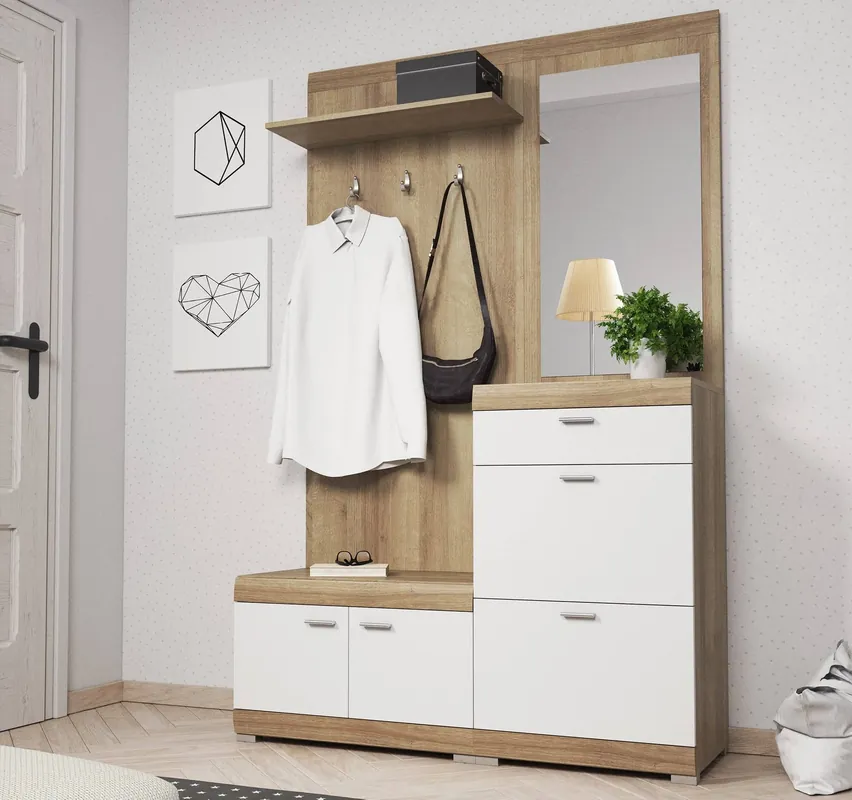 Kracherpreis Garderobe Stella 135 cm Eiche Riviera / Weiß Funktionale und praktische Garderobe für den Flur dezente Farbgestaltung und modernes Design
