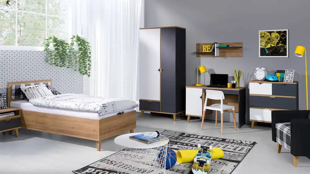 Memone Möbelset goldene Eiche / weiß / graphit modernes Design stilvolles Möbelset für Jugendzimmer im skandinavischen Stil Letzte Chance