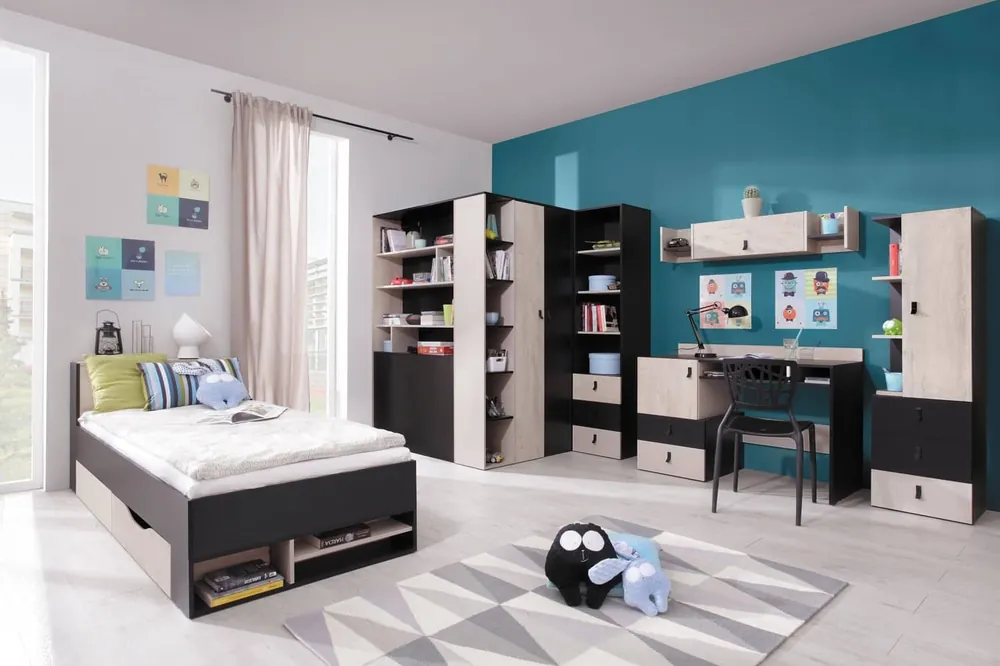 Möbelset Niko schwarz / Eiche / beige ideal für ein Jugend- oder Kinderzimmer in einem trendigen Stil Echt