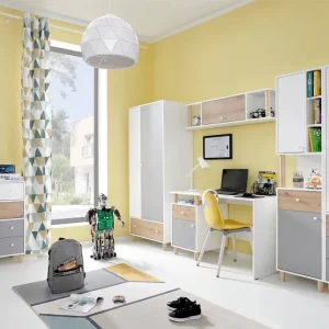 Möbelset Beja weiß / Eiche artisan / grau ideal für ein Jugendzimmer Schrankwand mit Schreibtisch Markenprodukt
