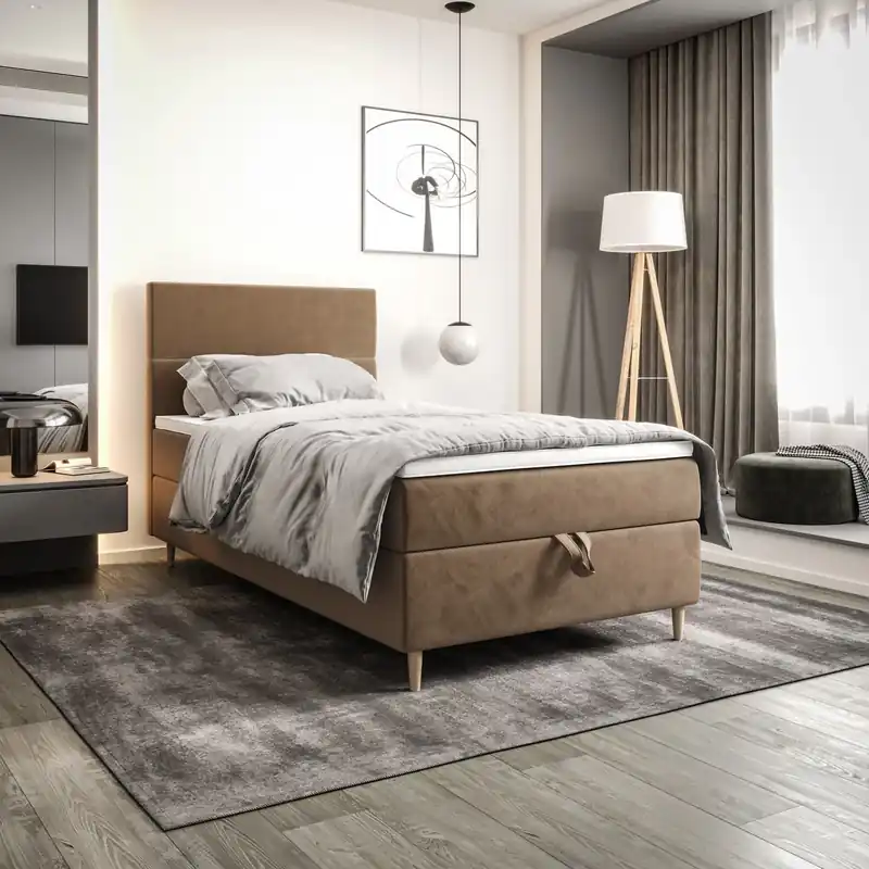 Markenprodukt Boxspringbett Bing 90x200 hellbraun im modernen skandinavischen Stil mit gepolstertem Kopfteil Bett mit Staukasten