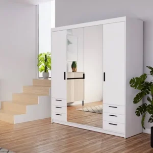 Abverkauf Kleiderschrank Rene 176 cm weiß klassisches Design ABS Kante ideal Spiegelschrank für Schlafzimmer oder Ankleidezimmer geräumige Schubladen