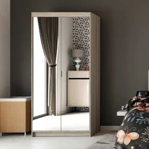 Rene Kleiderschrank 90 cm Eiche sonoma Licht stilvolles Design einfache Form Kleiderschrank mit Spiegel für Schlafzimmer oder Flur ABS beendet Kanten Neue Kollektion