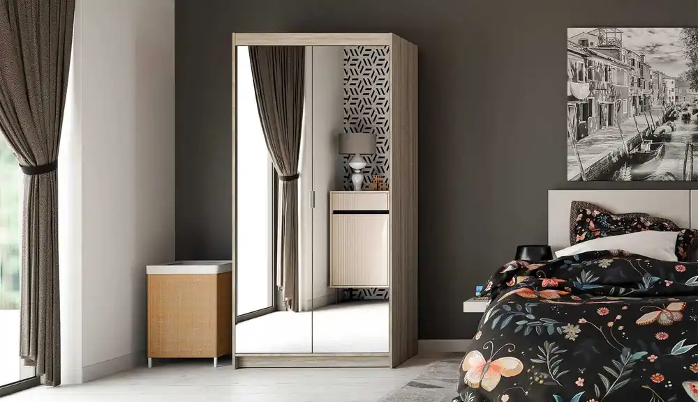 Rene Kleiderschrank 90 cm Eiche sonoma Licht stilvolles Design einfache Form Kleiderschrank mit Spiegel für Schlafzimmer oder Flur ABS beendet Kanten Neue Kollektion