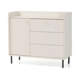 Jetzt Kaufen Kommode Ferdi 104 cm sandbeige Ästhetische Kommode für das Wohnzimmer auf schlanken Metallbeinen hohe Kanten der Platte gesetzt