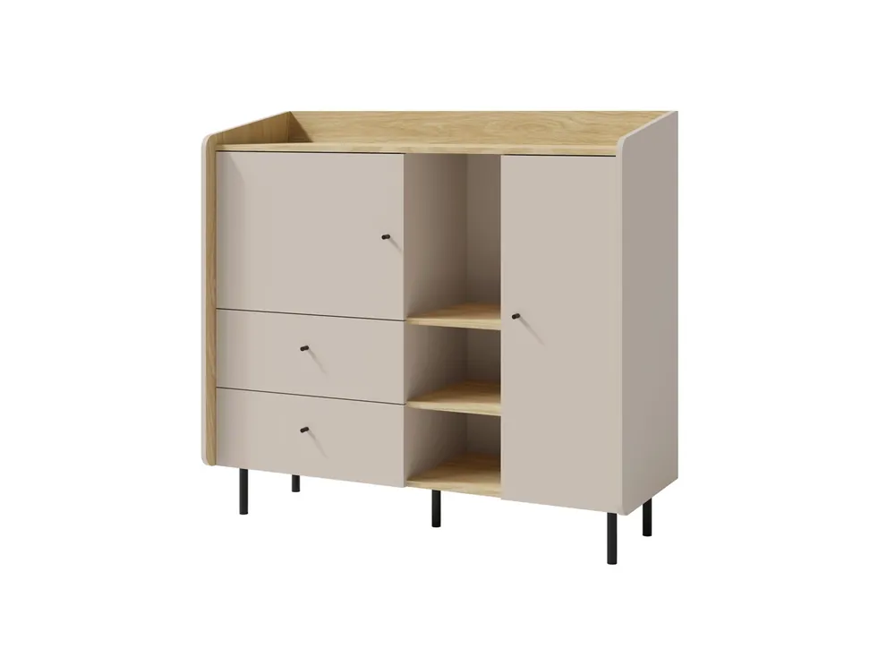 Neuheit Kommode Olivio 125 cm sandbeige/geölte Eiche ideale Kommode für Schlafzimmer Wohnzimmer oder Jugendzimmer schwarze Griffe