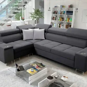 Top-Angebot Ecksofa mit Schlaffunktion Dafni II graphite links geflochtenes Ecksofa mit Bettzeugschublade in der Seite des Möbels