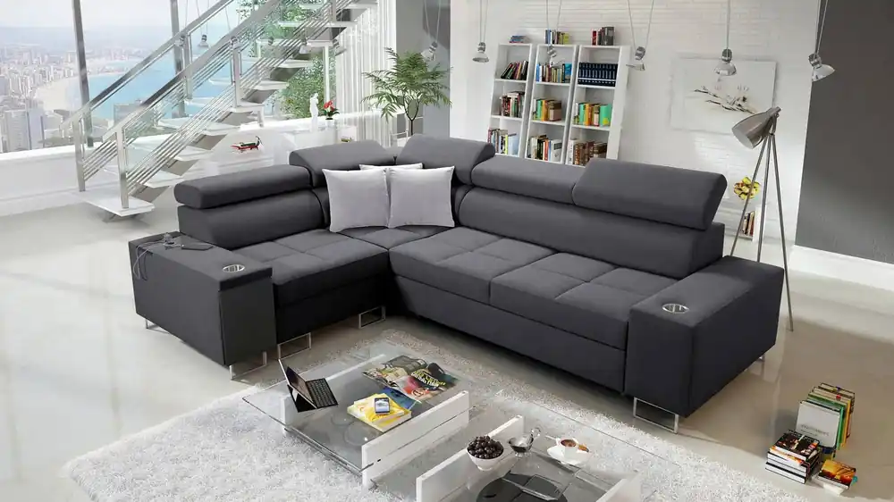 Top-Angebot Ecksofa mit Schlaffunktion Dafni II graphite links geflochtenes Ecksofa mit Bettzeugschublade in der Seite des Möbels