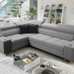 Top-Angebot Ecksofa mit Schlaffunktion Dafni II grau links geflochtenes Ecksofa mit Bettzeugstauraum Vollauszug in der Seitenwand