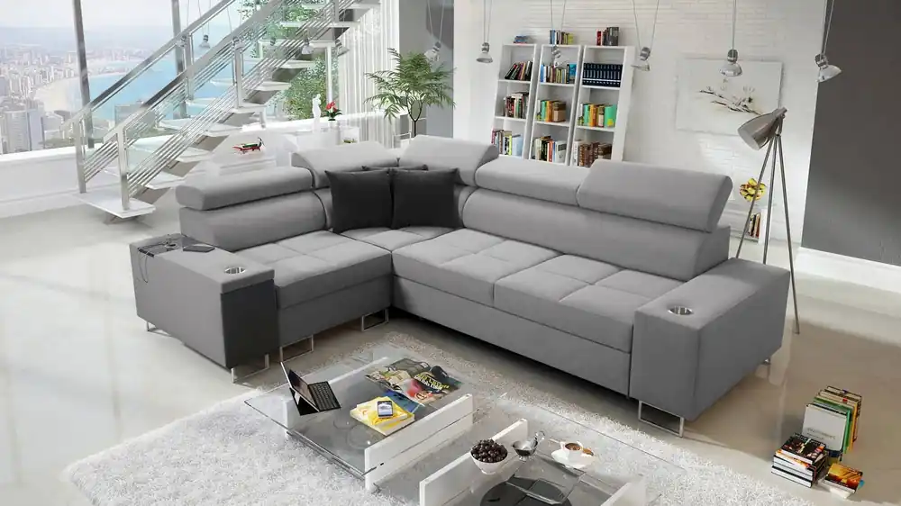 Top-Angebot Ecksofa mit Schlaffunktion Dafni II grau links geflochtenes Ecksofa mit Bettzeugstauraum Vollauszug in der Seitenwand