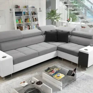 Ecksofa mit Schlaffunktion Dafni II grau weiß rechts geflochtenes Ecksofa mit Bettzeugstauraum Vollauszug Billig