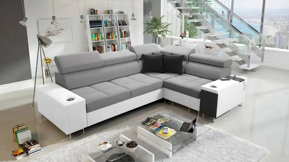 Ecksofa mit Schlaffunktion Dafni II grau weiß rechts geflochtenes Ecksofa mit Bettzeugstauraum Vollauszug Billig